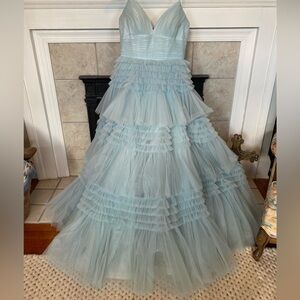 Sherri Hill Light Blue Tiered Gown with Silver Accents